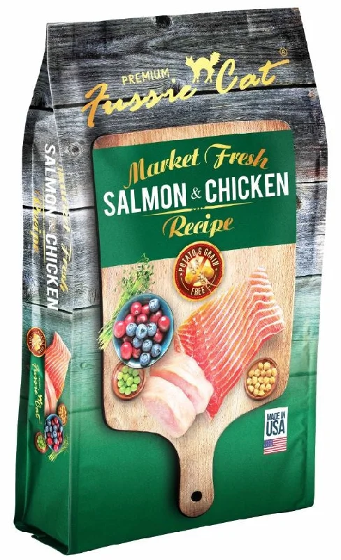 2. **Brand-Related**  Fussie Cat Grain Free Salmon & Chicken Dry Cat Food