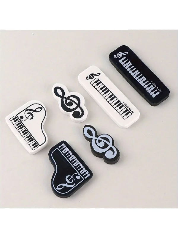 ---6pcs/Set Music Notes, Triangles, Pianos, Keyboards Shaped Rubber Eraser In Black And White