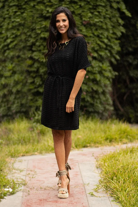 ---Thalu in Black Cotton Knitted Belted T-Shirt Dress in Black from Peru