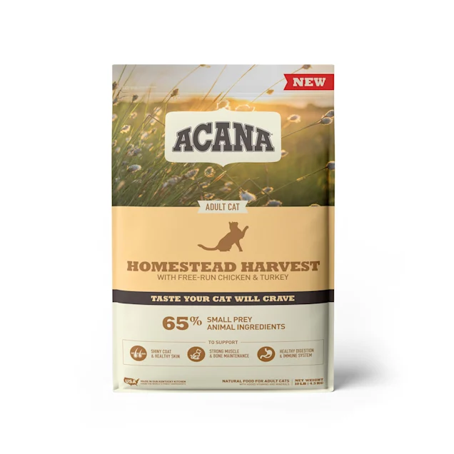    - High-protein cat food  Acana Homestead Harvest Chicken & Turkey Dry Cat Food